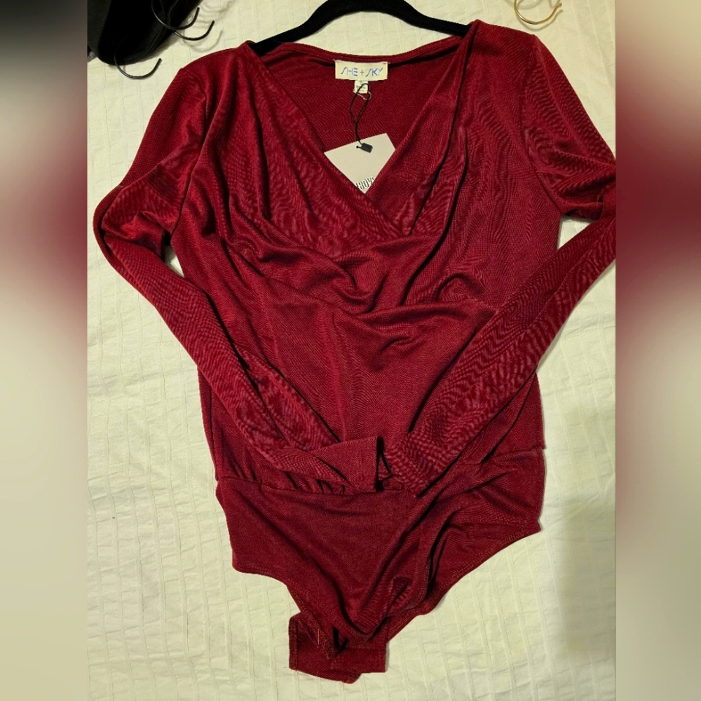 Women's Bodysuit Long Sleeve Maroon Top, Size Small